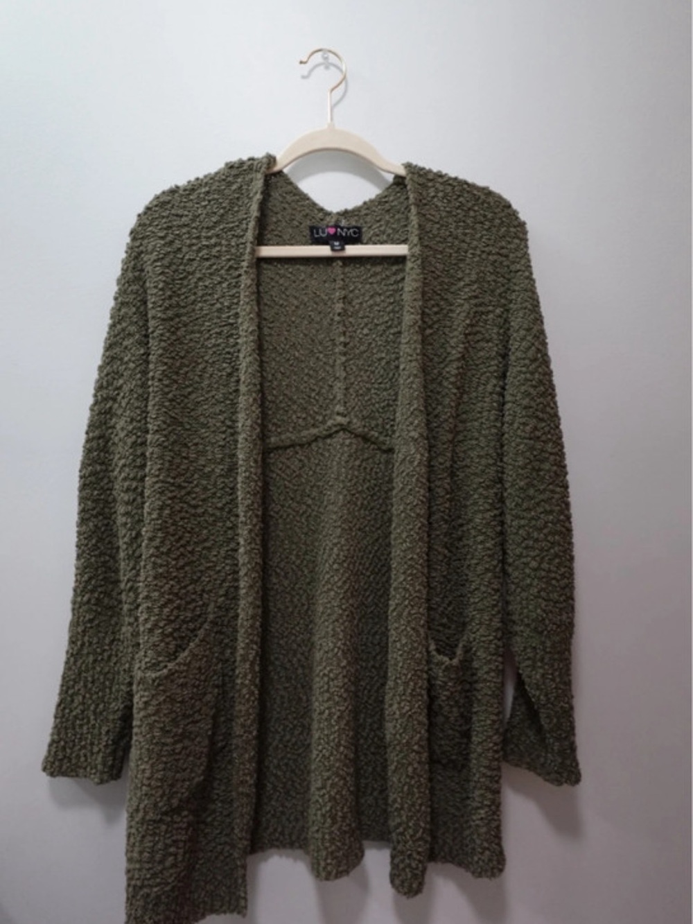 Luonic Olive Green Textured Open-Front Cardigan